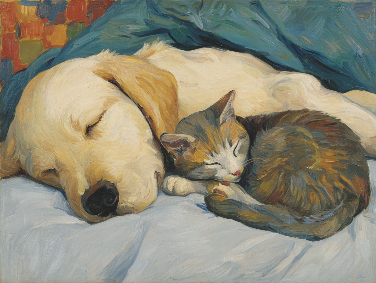 Painted artwork of a dog and cat sleeping together