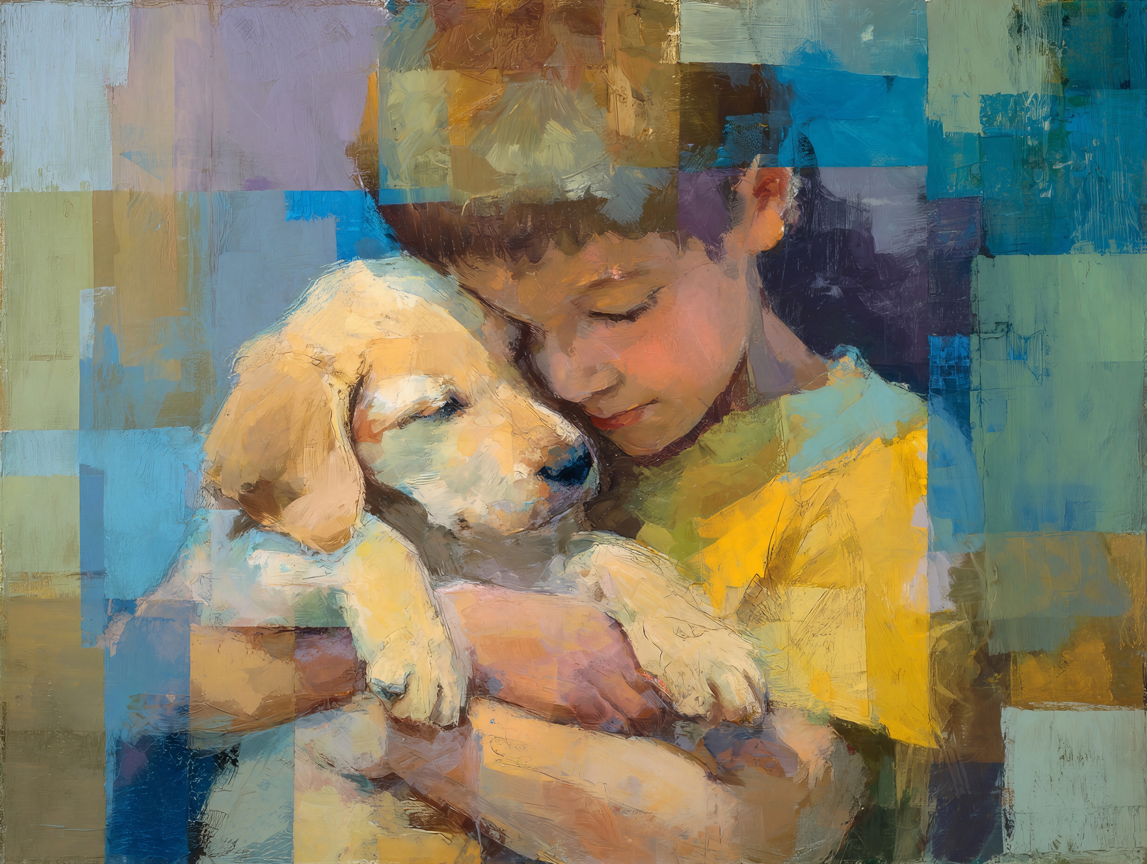 Painted portrait of a child holding a golden puppy