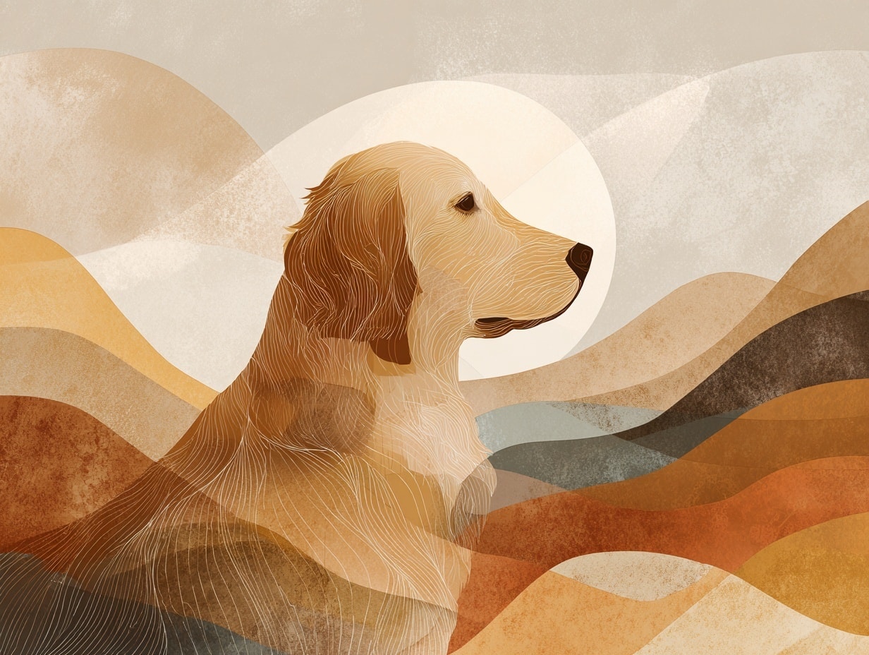 Illustrated golden retriever in a stylized warm landscape