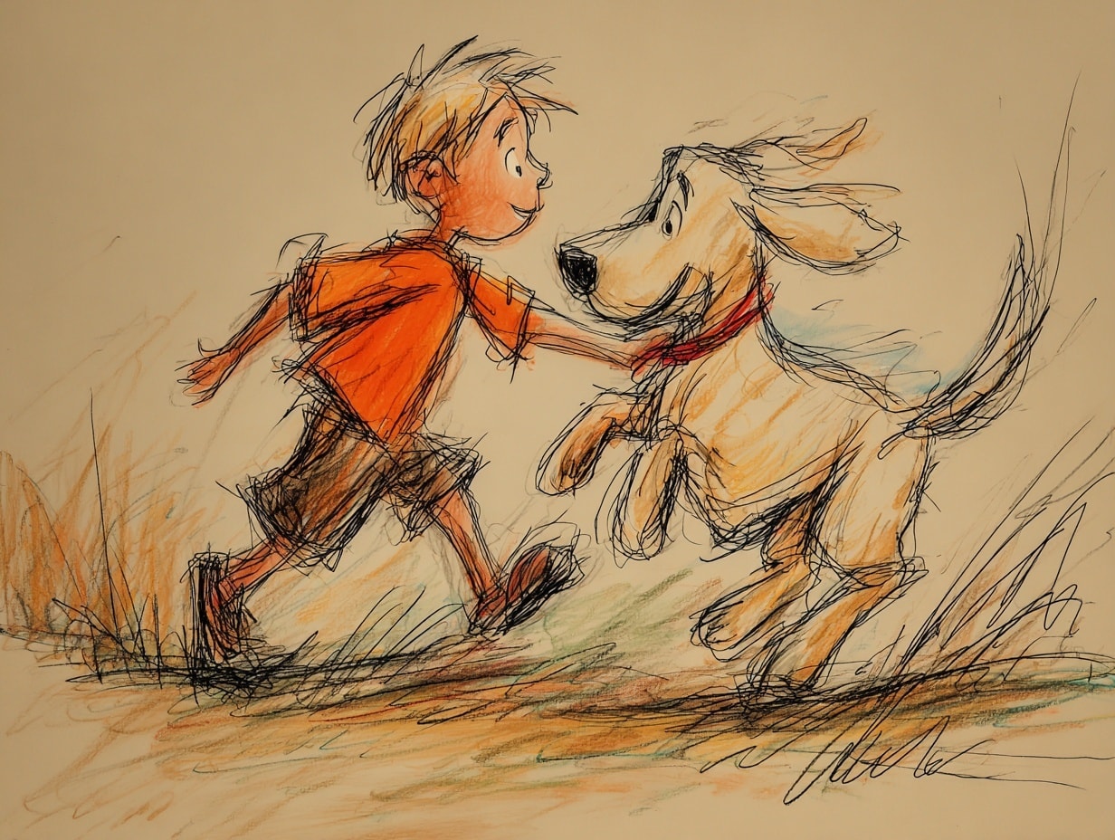 Sketch illustration of a child and dog playing in a field