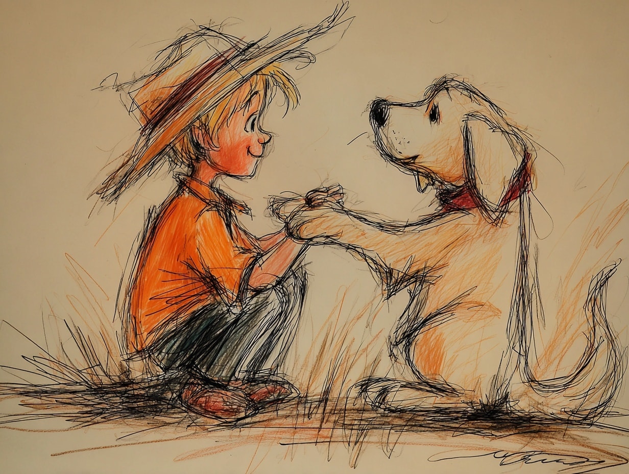 Sketch illustration of a child running with a dog