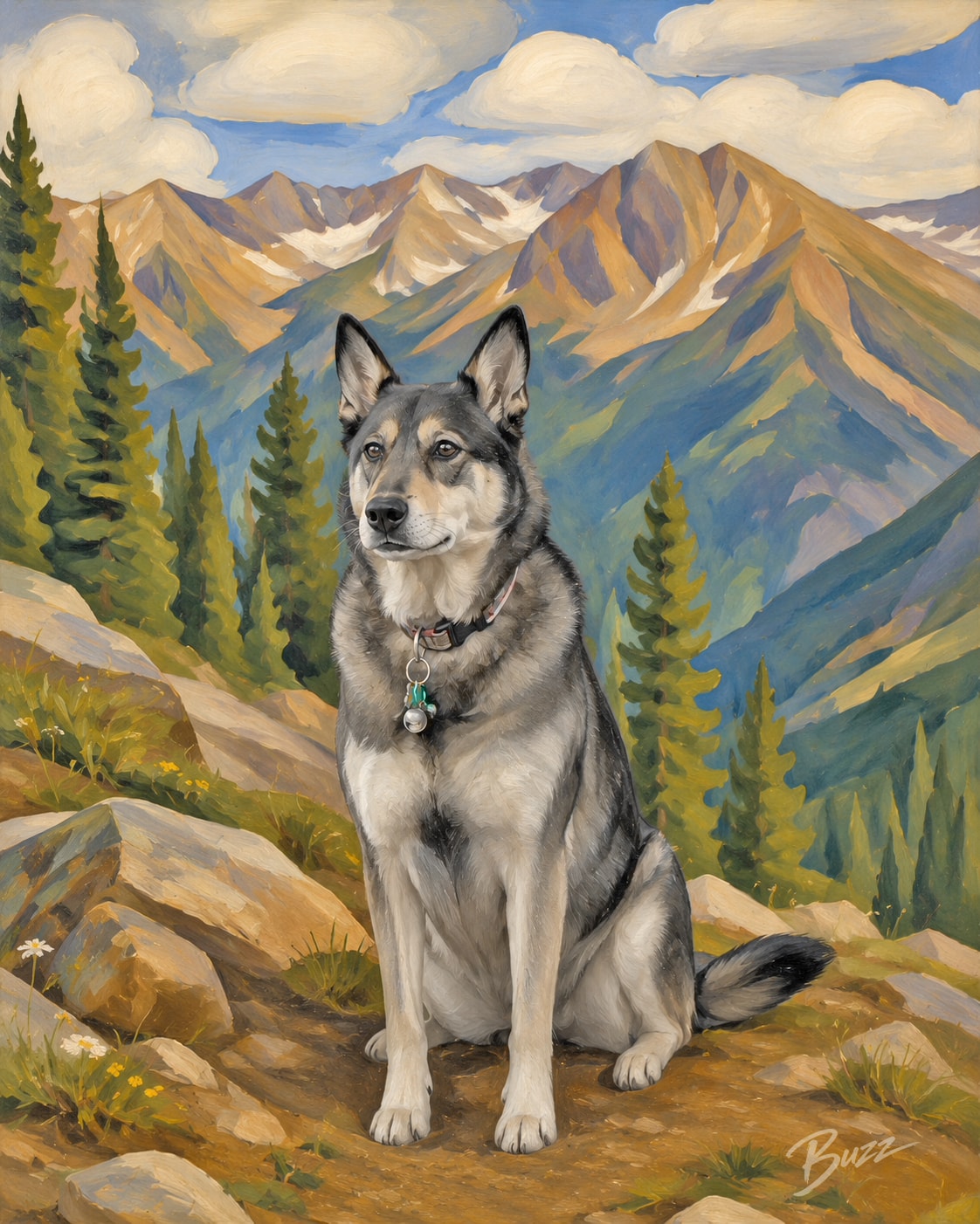 After — finished custom pet artwork in a Colorado mountain landscape